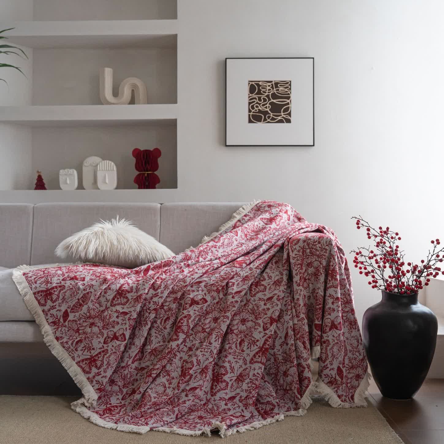 Coperta da divano con motivo floreale a farfalla rossa - image 2