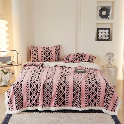 Coperta calda in jacquard a righe e diamanti - Rosa - Matrimoniale - image 1