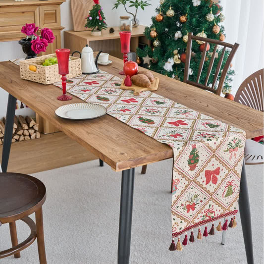 Runner da tavolo natalizio in jacquard con fiocco e diamanti - 33cm x 275cm - image 0