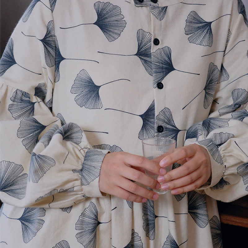 Camicia da notte con bottoni in cotone spazzolato e foglie di ginkgo - image 9