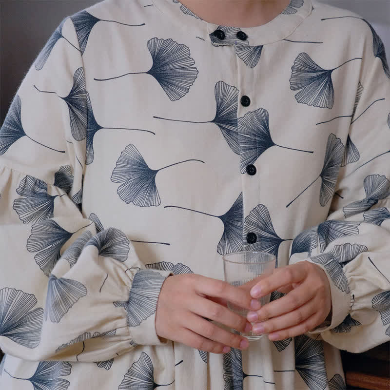 Camicia da notte con bottoni in cotone spazzolato e foglie di ginkgo - image 6