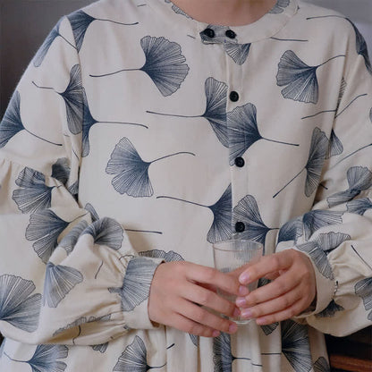 Camicia da notte con bottoni in cotone spazzolato e foglie di ginkgo - image 6