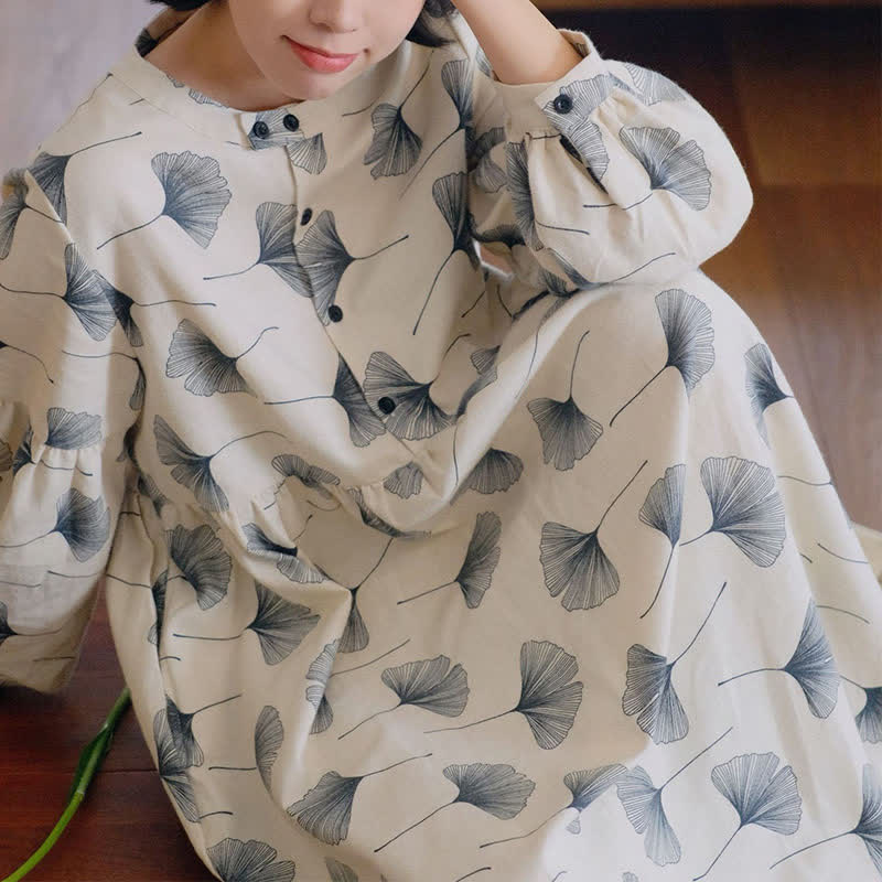 Camicia da notte con bottoni in cotone spazzolato e foglie di ginkgo - image 7