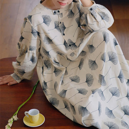 Camicia da notte con bottoni in cotone spazzolato e foglie di ginkgo - image 5