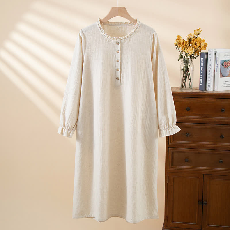Semplice camicia da notte in cotone e lino con bottoni e volant - Beige - XL - image 2