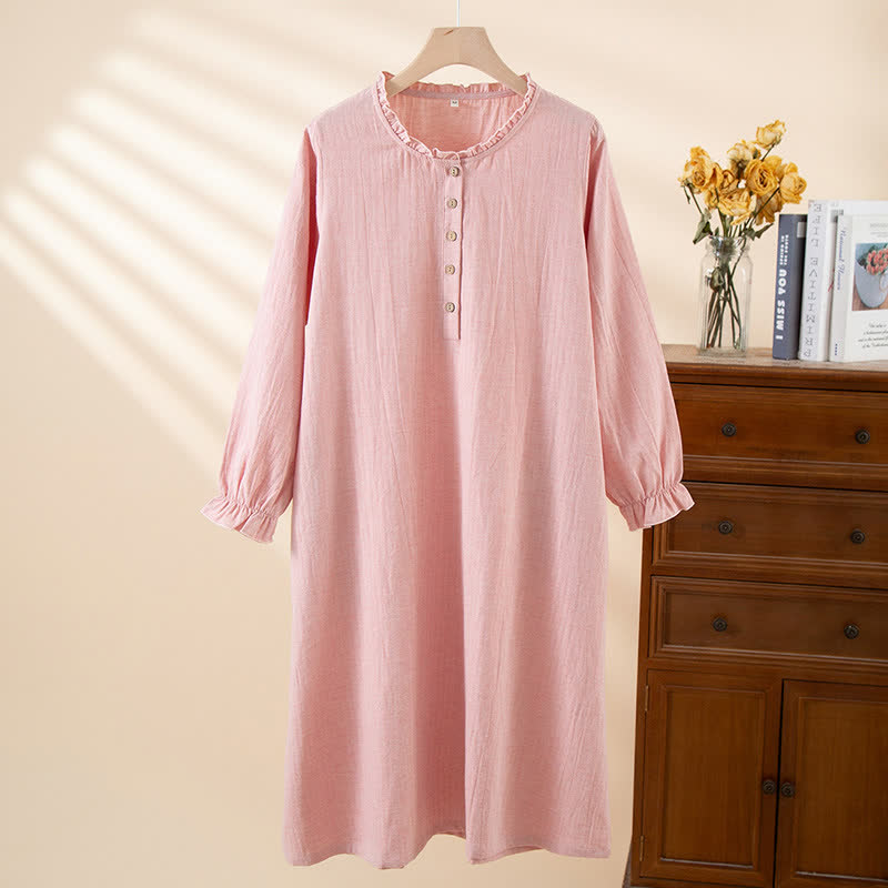 Semplice camicia da notte in cotone e lino con bottoni e volant - Rosa - XL - image 3