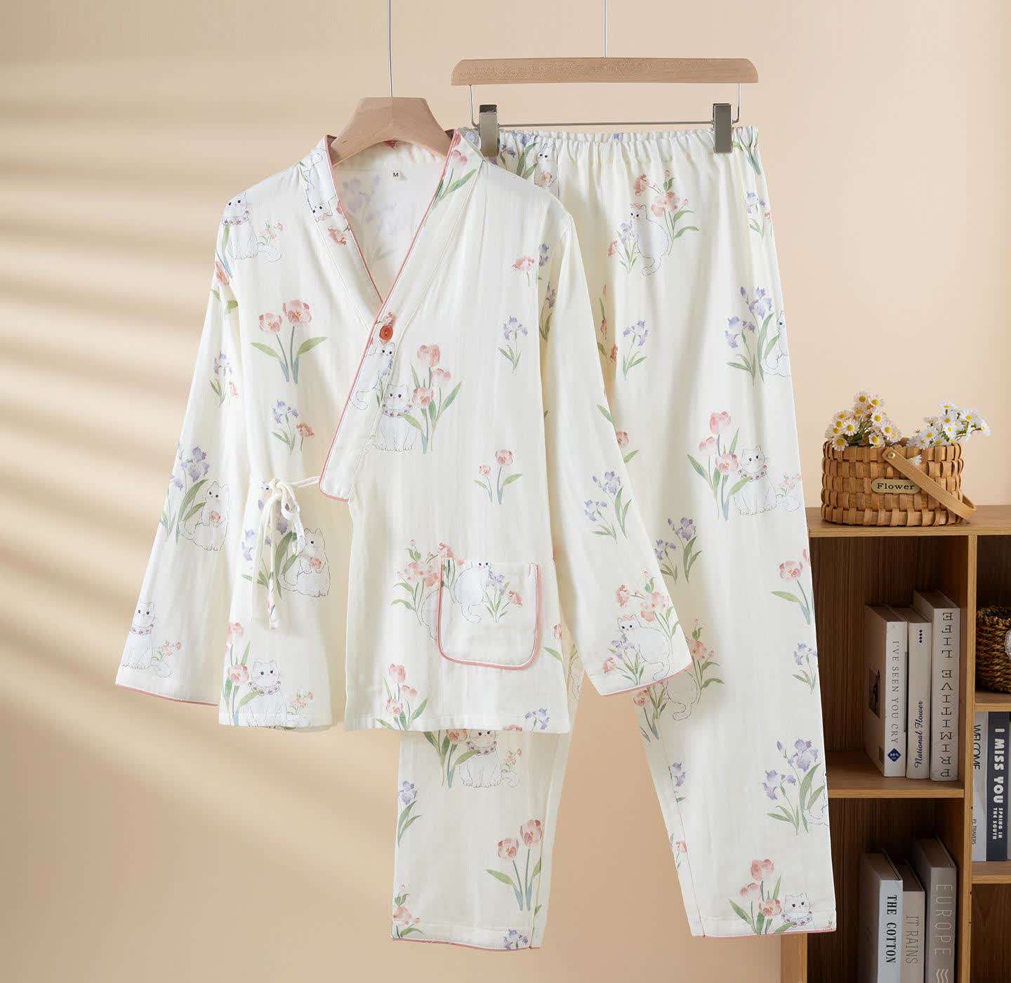 Pigiama kimono con motivo floreale a gatto in garza di cotone - Beige - 2XL - image 3