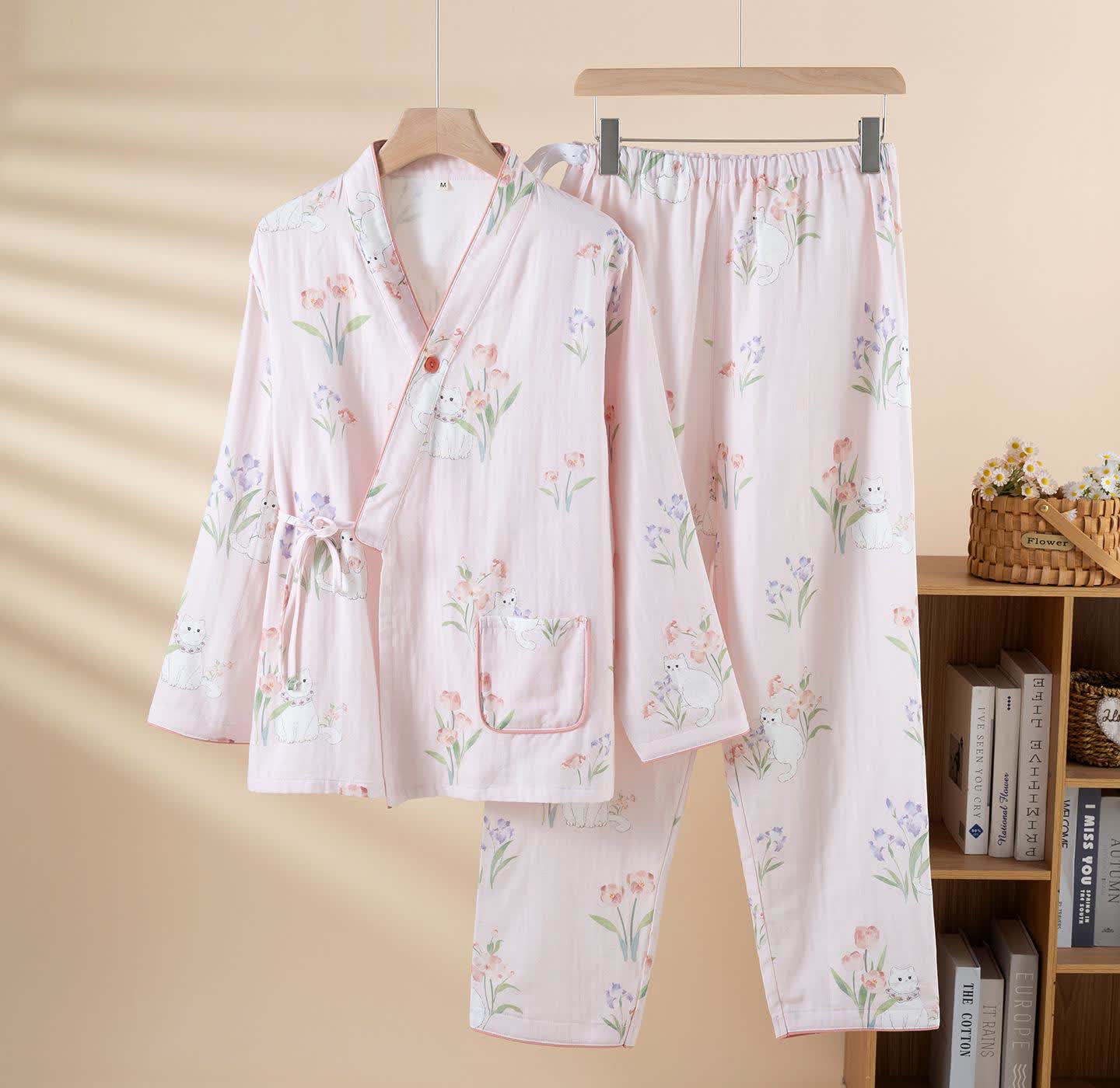 Pigiama kimono con motivo floreale a gatto in garza di cotone - Rosa - 2XL - image 2