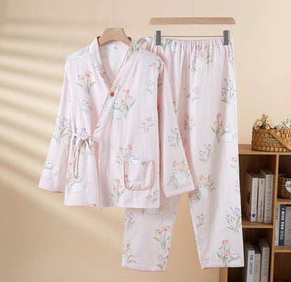 Pigiama kimono con motivo floreale a gatto in garza di cotone - Rosa - 2XL - image 2