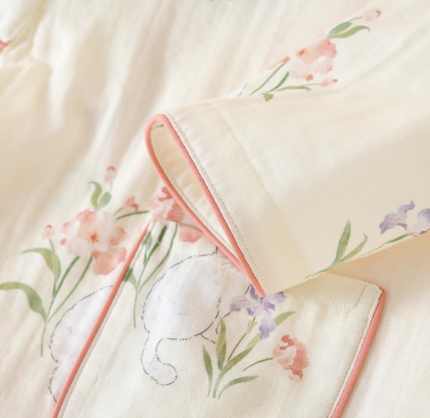 Pigiama kimono con motivo floreale a gatto in garza di cotone - image 8