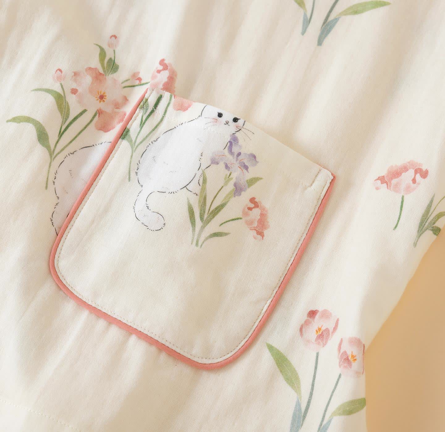 Pigiama kimono con motivo floreale a gatto in garza di cotone - image 6