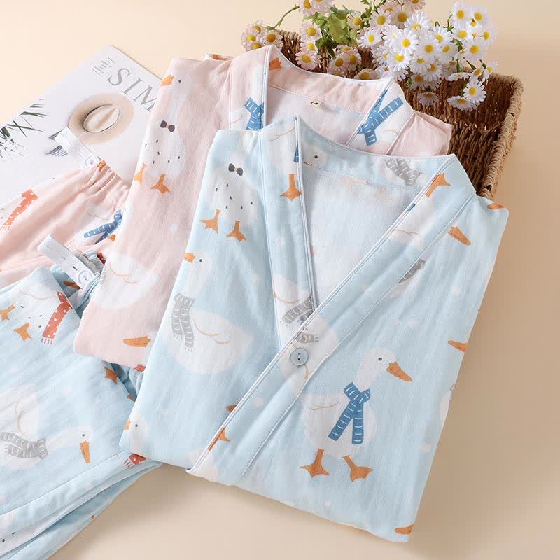 Pigiama kimono in garza di cotone con motivo a oca - image 1