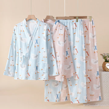 Pigiama kimono in garza di cotone con motivo a oca - image 0