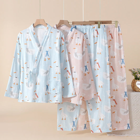 Pigiama kimono in garza di cotone con motivo a oca - image 0