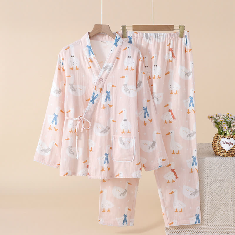 Pigiama kimono in garza di cotone con motivo a oca - Rosa - 2XL - image 2