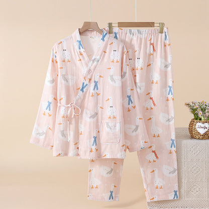 Pigiama kimono in garza di cotone con motivo a oca - Rosa - 2XL - image 2