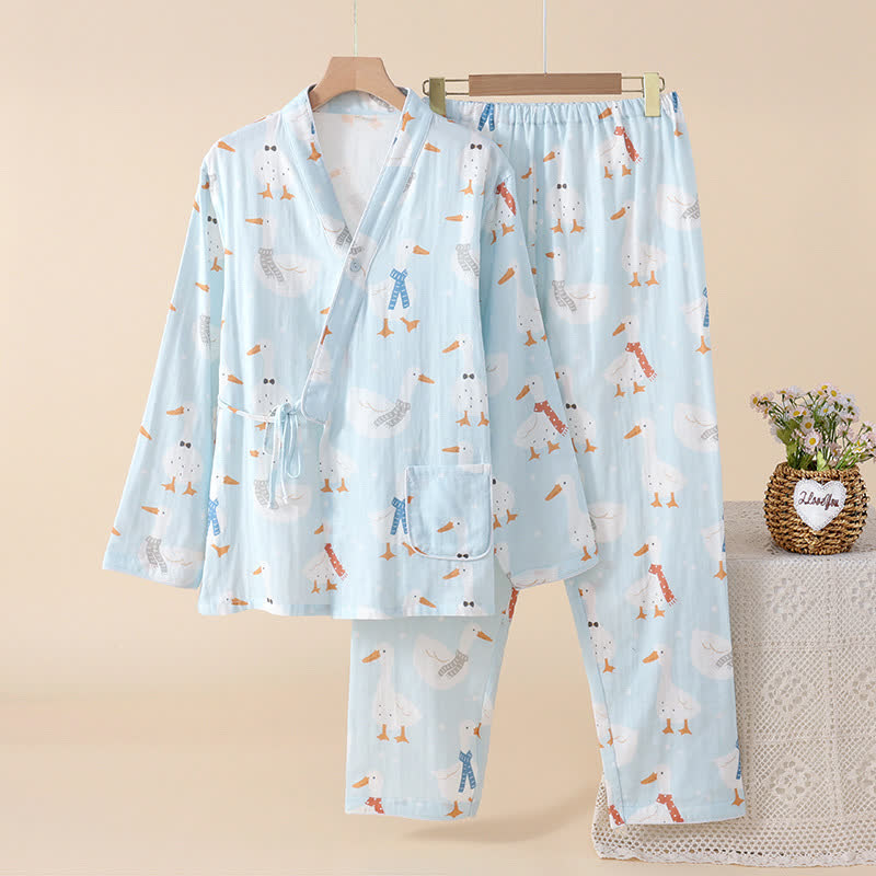 Pigiama kimono in garza di cotone con motivo a oca - Blu - 2XL - image 3