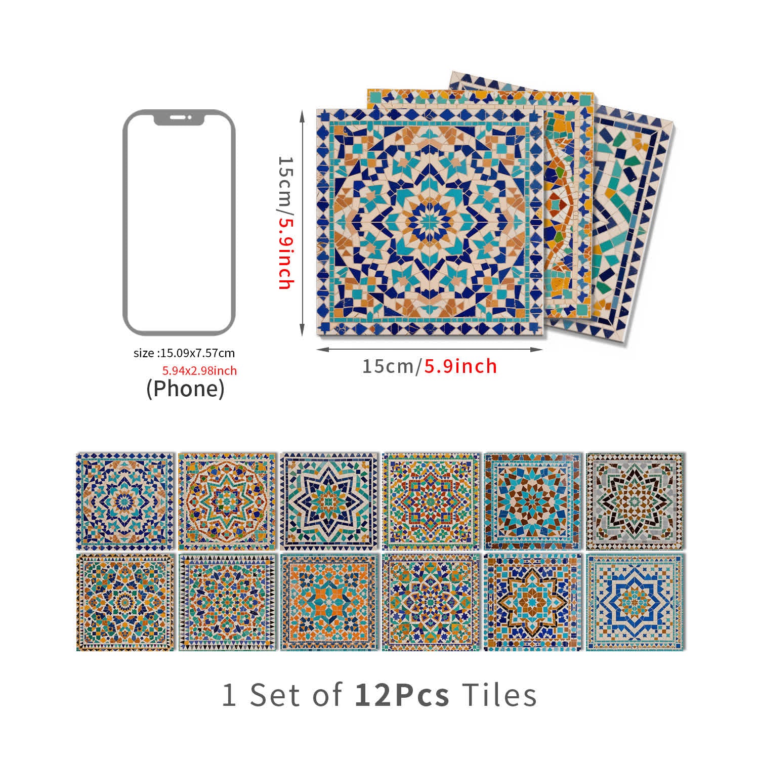 Adesivi murali in mosaico marocchino in schiuma PET - 12 pezzi - 15cm x 15cm - image 7