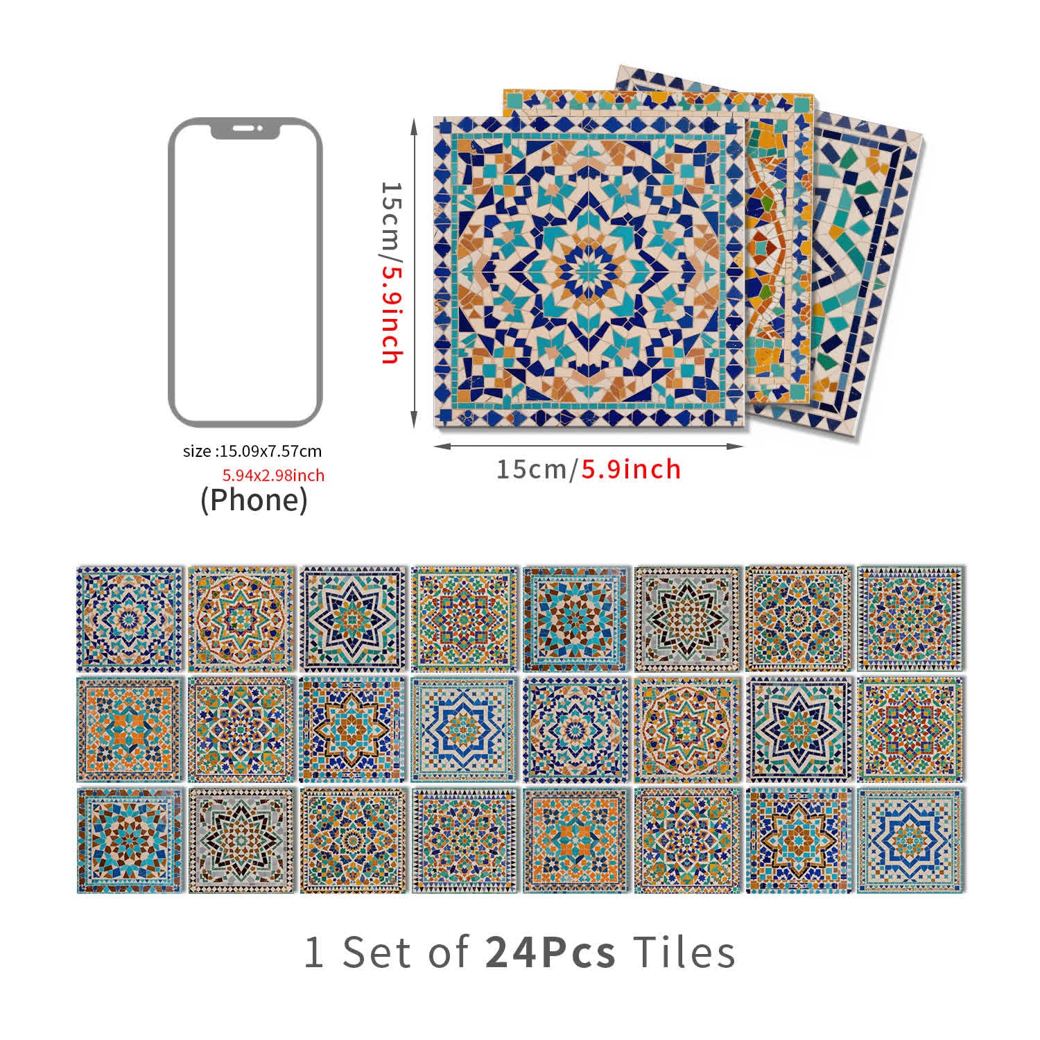 Adesivi murali in mosaico marocchino in schiuma PET - 24 pezzi - 15cm x 15cm - image 8