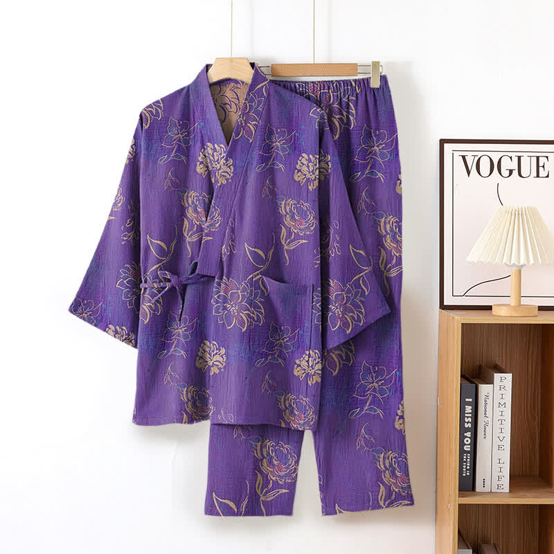 Completo da notte kimono in garza di cotone Peony - Viola - XL - image 1