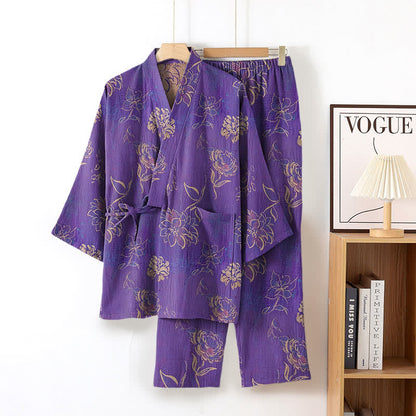 Completo da notte kimono in garza di cotone Peony - Viola - XL - image 1