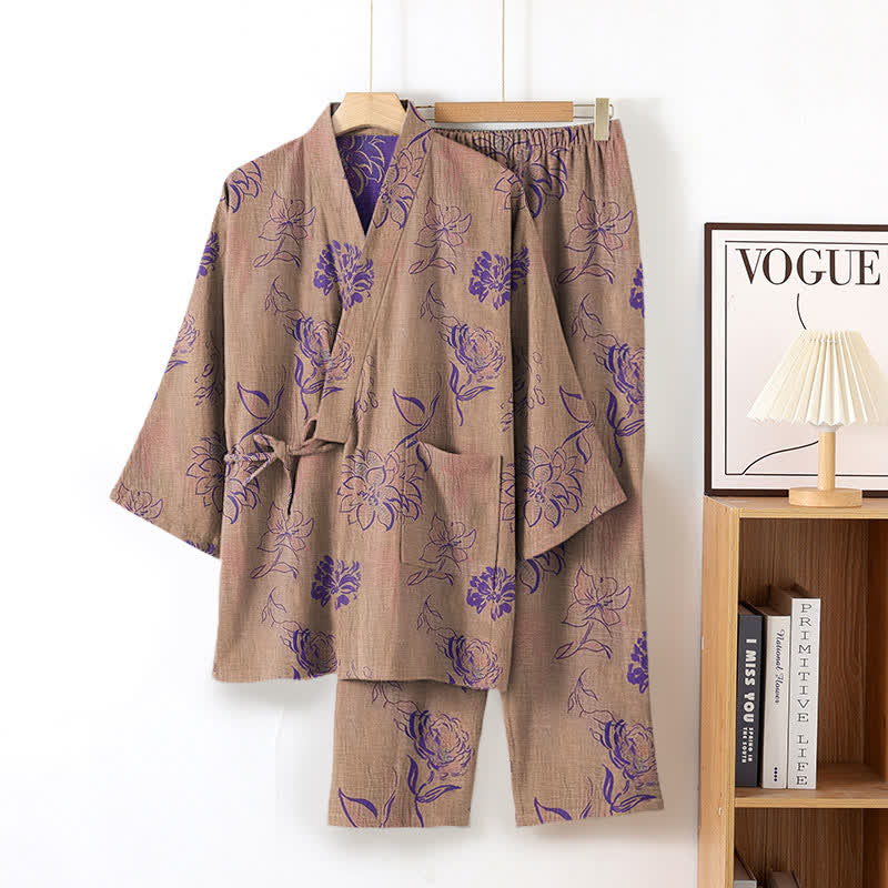 Completo da notte kimono in garza di cotone Peony - Grigio Rosa - XL - image 4