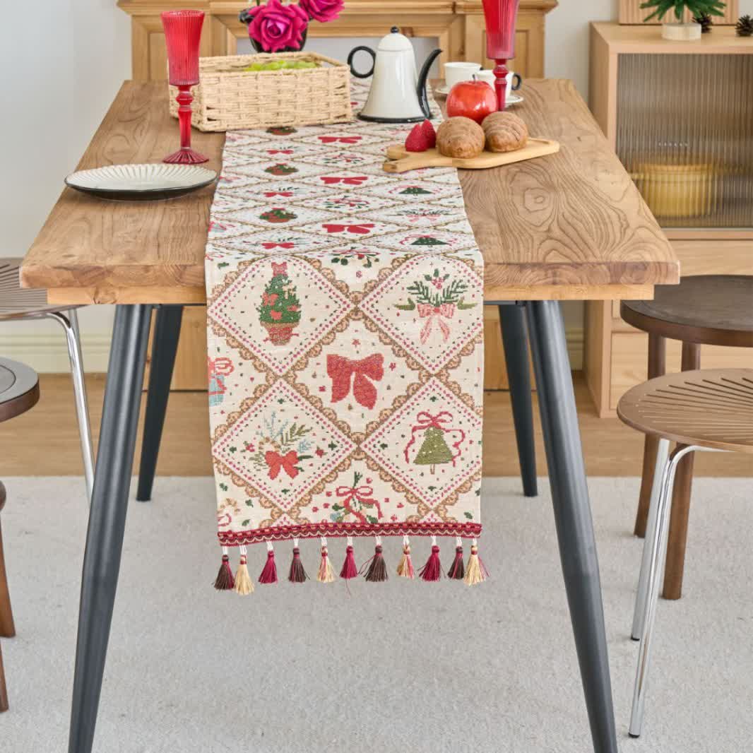 Runner da tavolo natalizio in jacquard con fiocco e diamanti - image 1