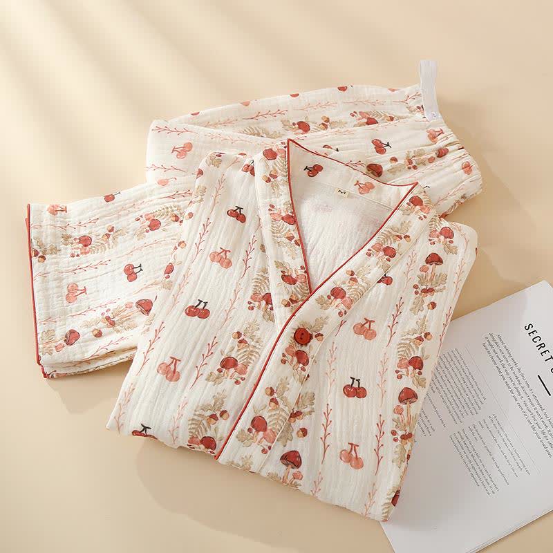 Pigiama kimono in garza di cotone con motivo a ciliegia e funghi - image 1