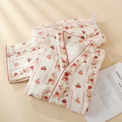 Pigiama kimono in garza di cotone con motivo a ciliegia e funghi - image 1