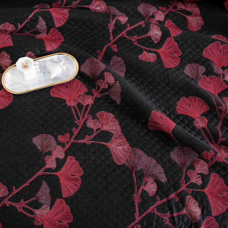 Trapunta reversibile in cotone con foglie di ginkgo arancione - image 19
