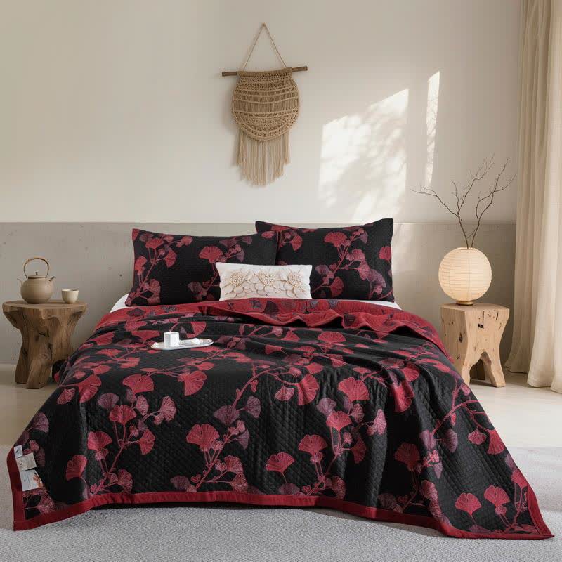 Trapunta reversibile in cotone con foglie di ginkgo arancione - Nero e rosso - Trapunta con 2 federe - Matrimoniale Grande - image 13
