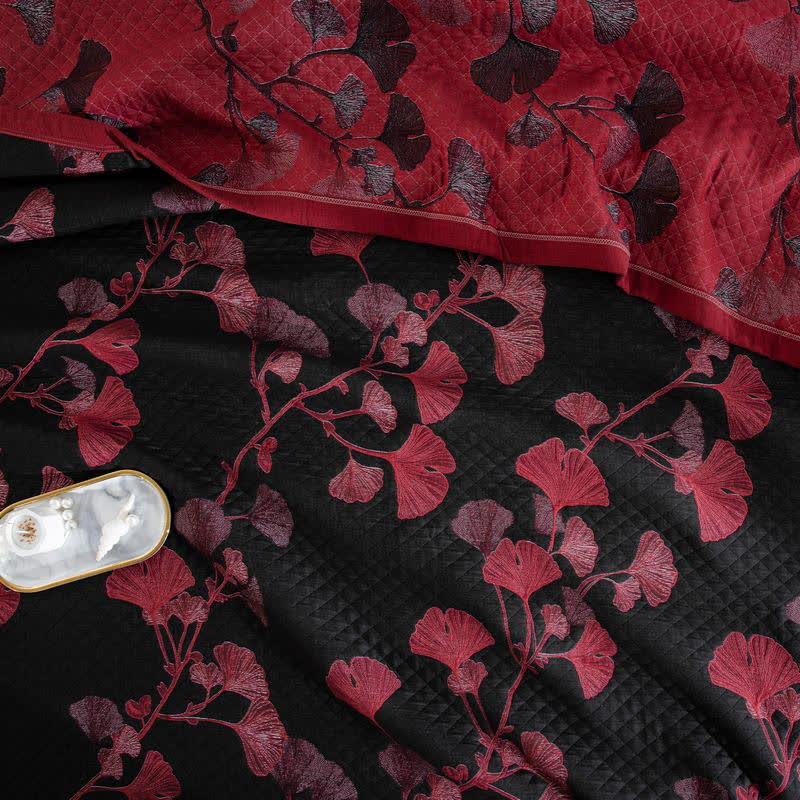Trapunta reversibile in cotone con foglie di ginkgo arancione - image 18