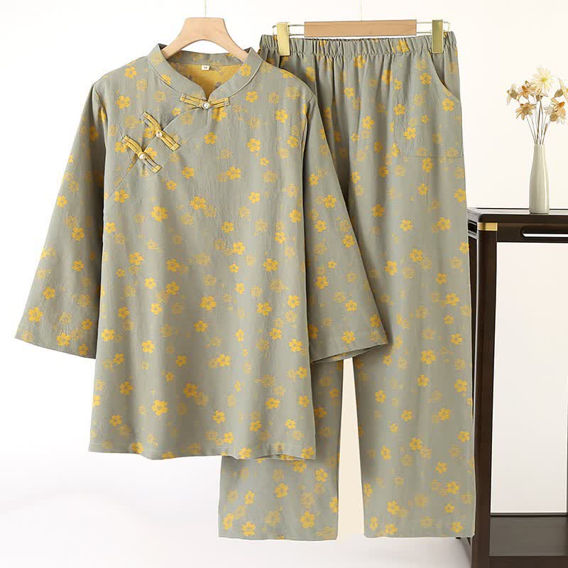 Pigiama in garza di cotone jacquard con fiori orientali - XL - image 0