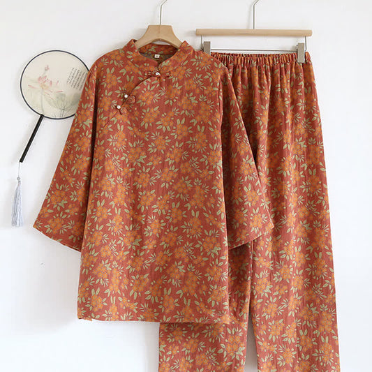 Pigiama in garza di cotone jacquard floreale arancione - XL - image 0