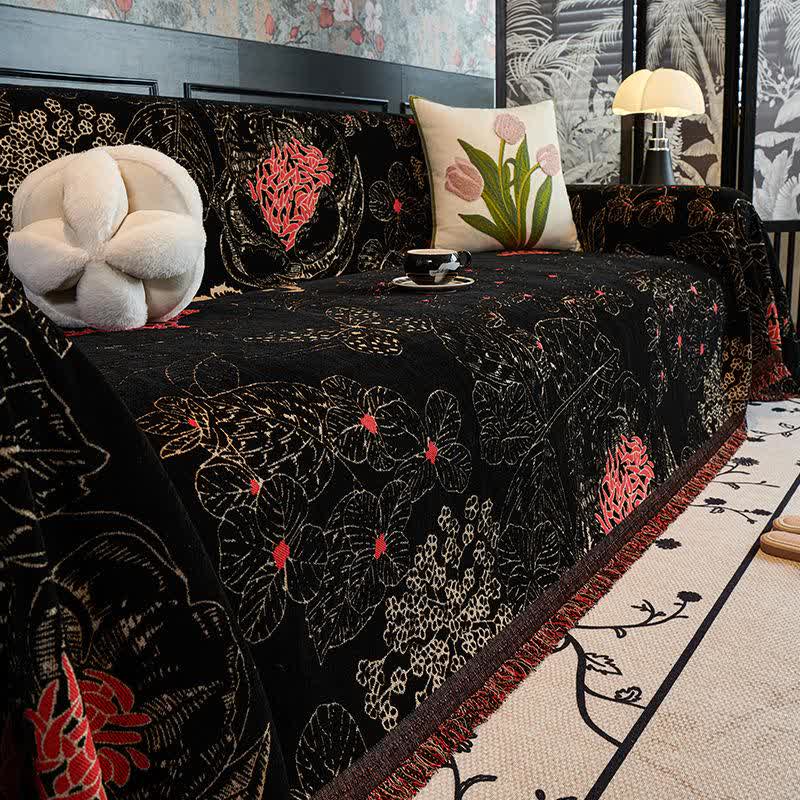 Coperta reversibile per divano con motivo floreale rustico - Nero - 180cm x 340cm - image 1