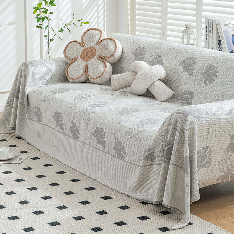 Protezione per divano in seta ghiacciata con foglie di ginkgo - Grigio chiaro - 180cm x 340cm - image 3