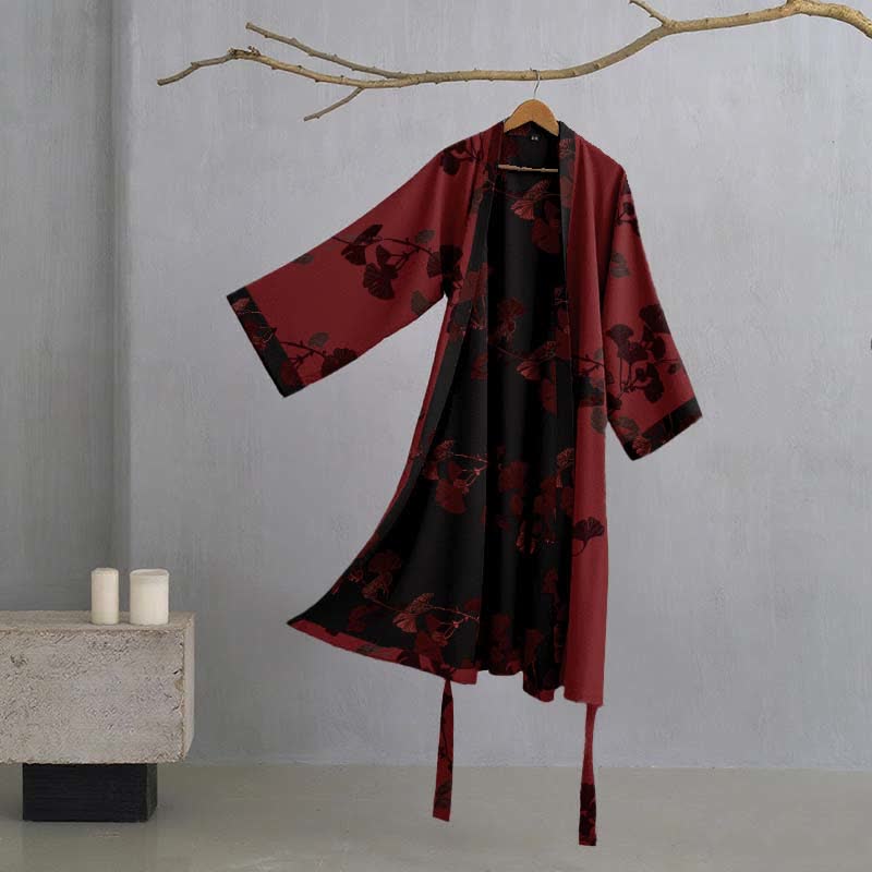 Grande kimono in cotone con foglie di ginkgo - Rosso e nero - 2XL - image 11