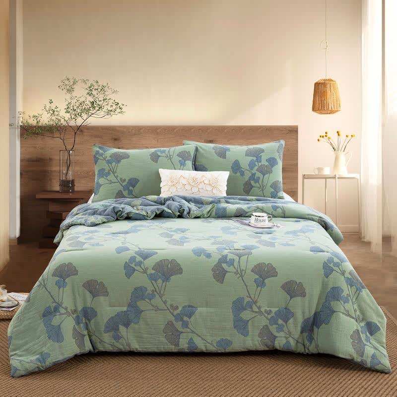 Biancheria da letto reversibile in garza di cotone con foglie di ginkgo - Trapunta con 2 federe - Verde - Matrimoniale Grande - image 0