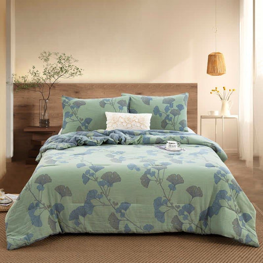 Biancheria da letto reversibile in garza di cotone con foglie di ginkgo - Trapunta con 2 federe - Verde - Matrimoniale Grande - image 0