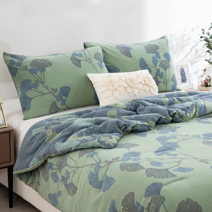 Biancheria da letto reversibile in garza di cotone con foglie di ginkgo - 2 federe - Verde - 51cm x 91cm - image 3