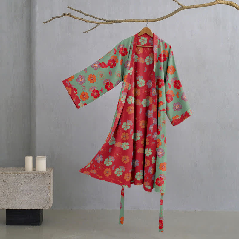 Kimono in garza di cotone con fiori di prugna - Verde - XL - image 8