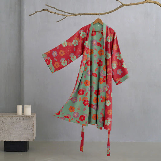 Kimono in garza di cotone con fiori di prugna - Rosso - XL - image 0