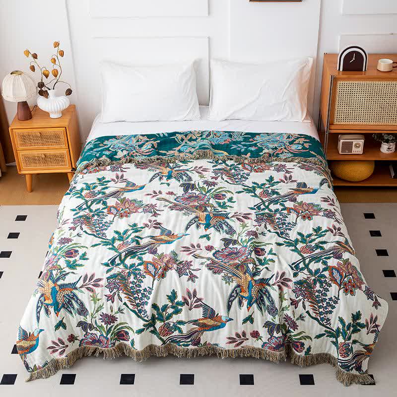 Trapunta con nappe in garza di cotone Flying Bird - Bianco e verde - Matrimoniale - image 0