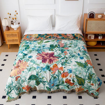 Trapunta con nappe in cotone con fiori di campo verde - Matrimoniale - image 0