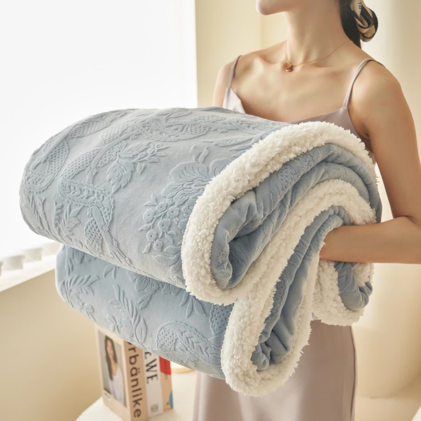 Coperta calda in jacquard con trama floreale - Blu - Matrimoniale - image 1