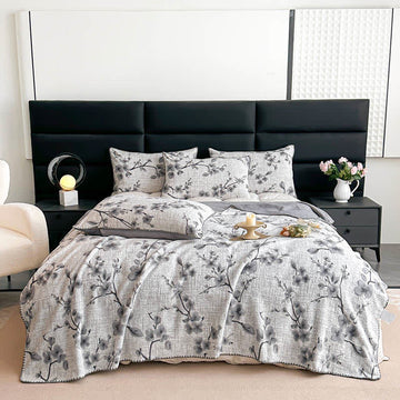 Coperta jacquard con motivo a fiori di prugna - 2 federe - Grigio - 48cm x 74cm - image 0