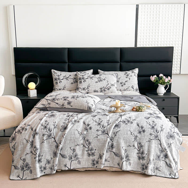 Coperta jacquard con motivo a fiori di prugna - 2 federe - Grigio - 48cm x 74cm - image 0