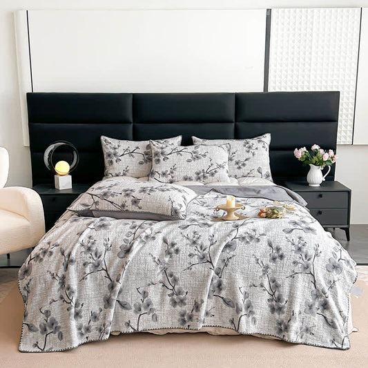 Coperta jacquard con motivo a fiori di prugna - 2 federe - Grigio - 48cm x 74cm - image 0