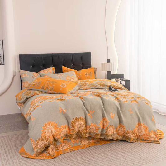 Set di biancheria da letto in garza di cotone con motivo a farfalla e girasole (4 pezzi) - Matrimoniale Grande - image 0