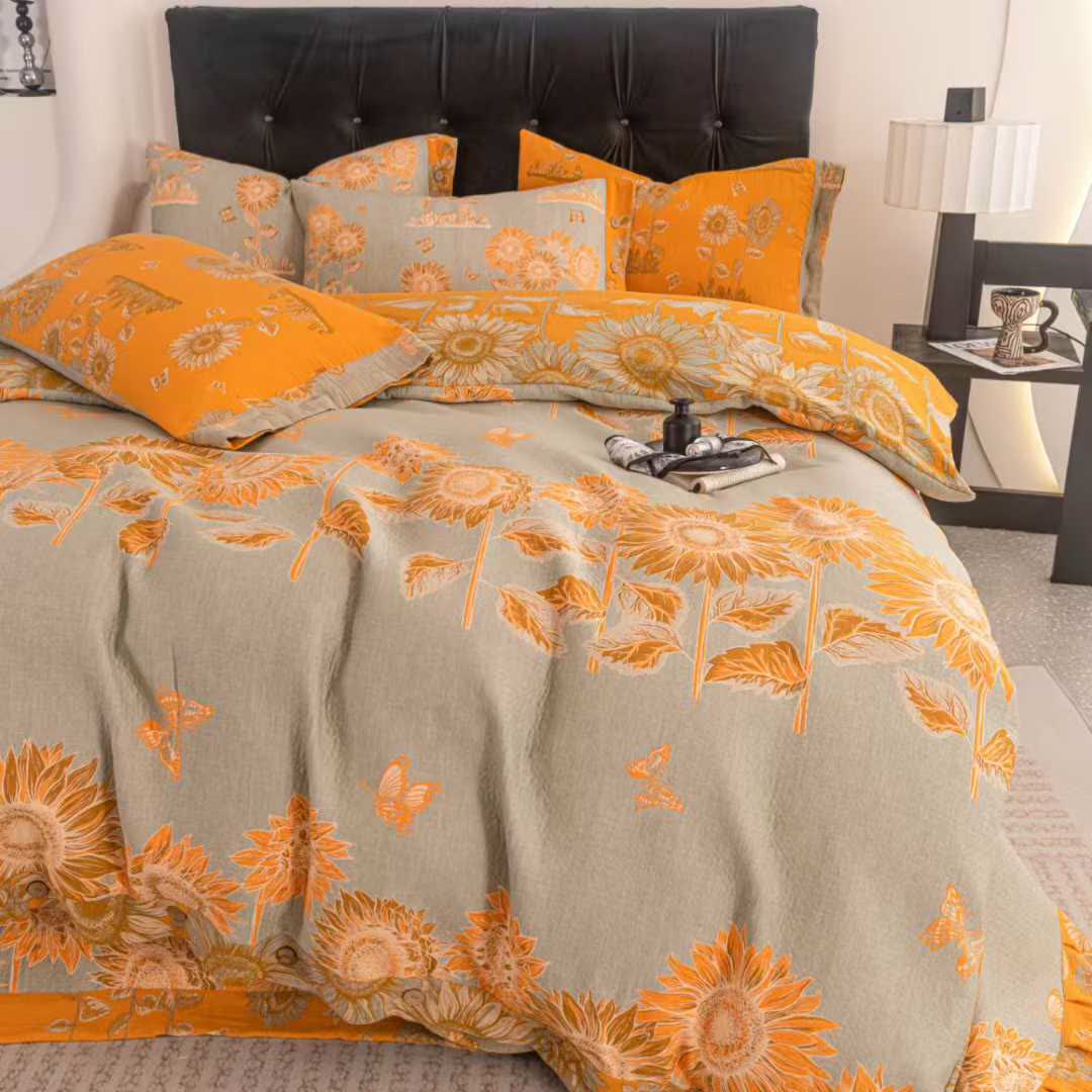 Set di biancheria da letto in garza di cotone con motivo a farfalla e girasole (4 pezzi) - image 1